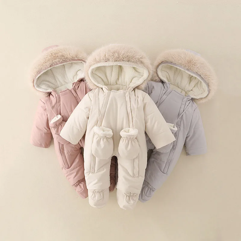 

Newborn Baby Thick Warm Jumpsuit Solid Color fur collar Hooded Ankle Jumpsuit Cute Baby Outdoor Wear 0-18 Months