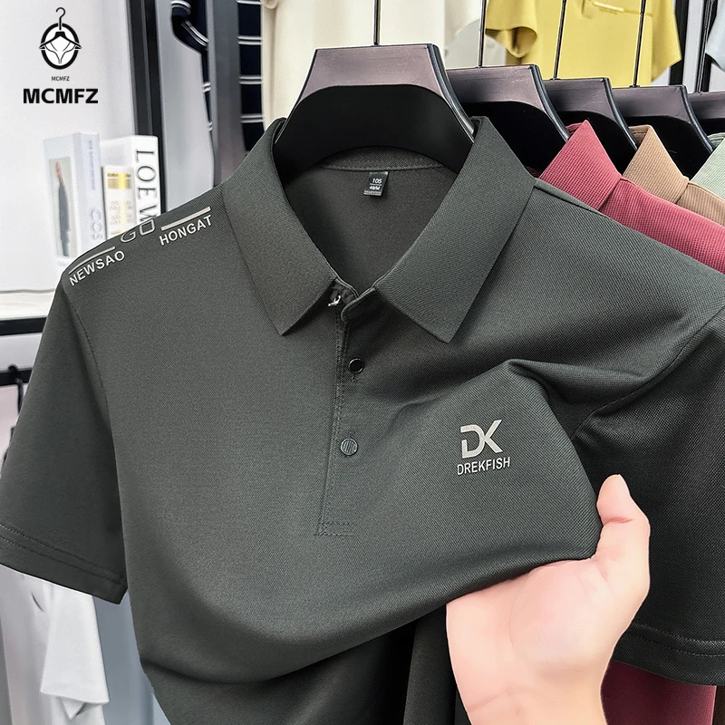 Premium ice silk polo shirt men lapel three button DK embroidery lightweight anti crease business outdoor daily wear