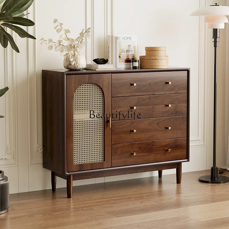 3Living Room Storage Small Cabinet Retro Rattan Woven Solid Wood Wall-Mounted Storage Cabinet