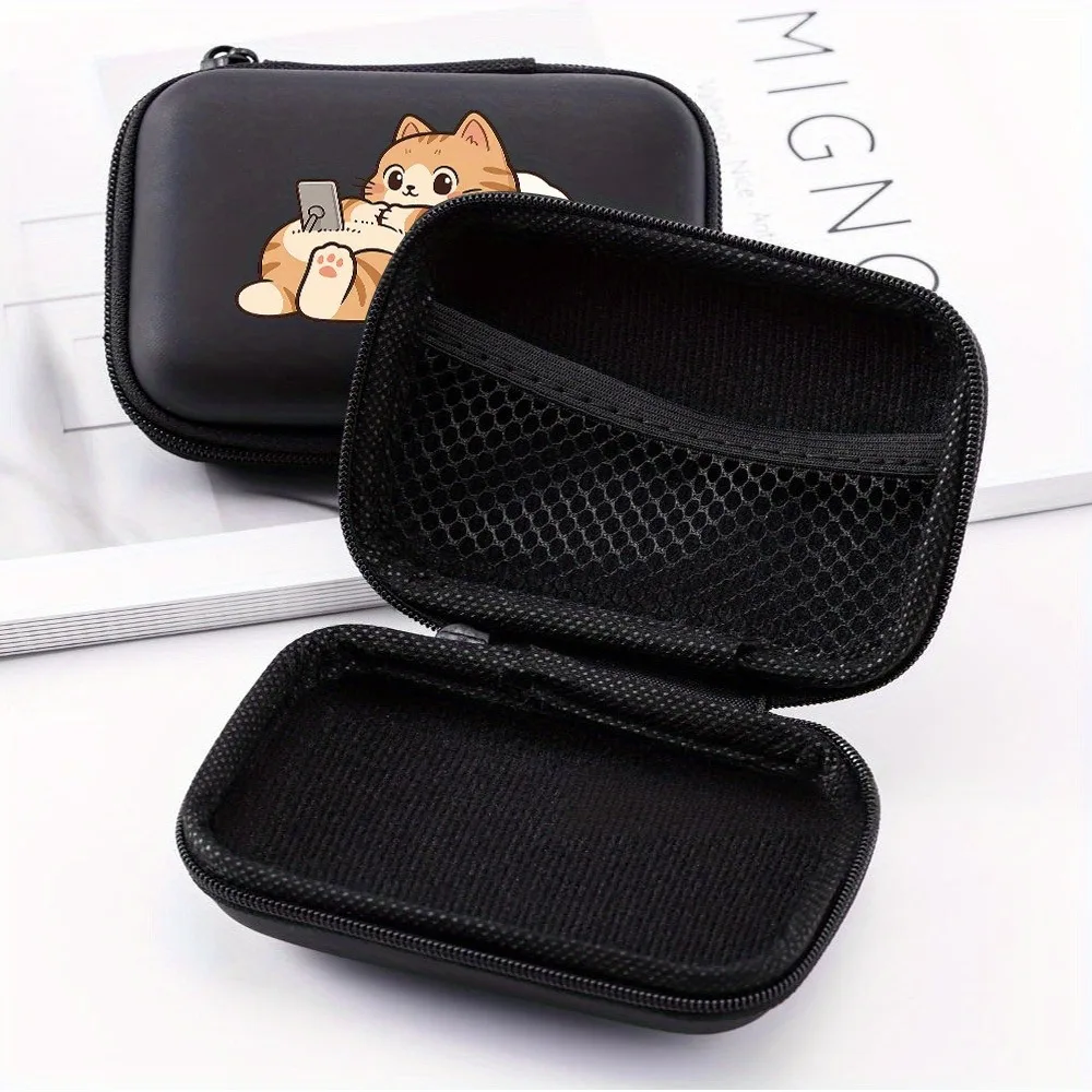 Cute Cartoon Cat Playing Phone Pattern Portable Storage Case Zipper Carrying Pouch Bag Box for Earphone Date Cable Organizer