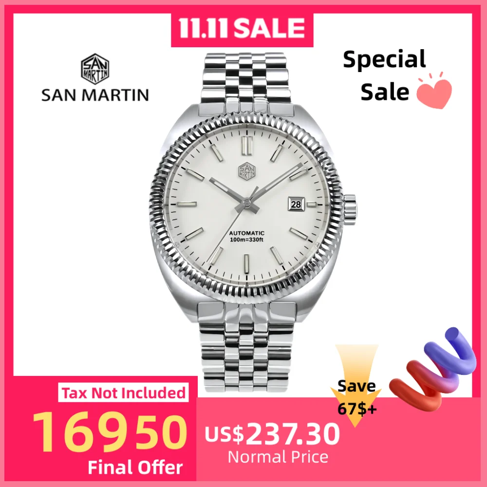 San Martin Original 40mm Men Mechanical Watch Automatic Self Winding Wristwatch Date YN55 5-Link Bracelet Swim Montre SN0069