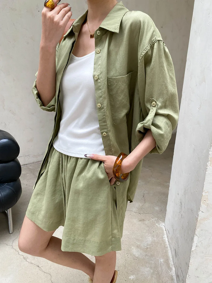 Sommer Damen Casual Einfarbiges Sonnenschutz-Kragen-Langarmshirt mit Kordelzug-Shorts, Lockeres Set – Detail 14