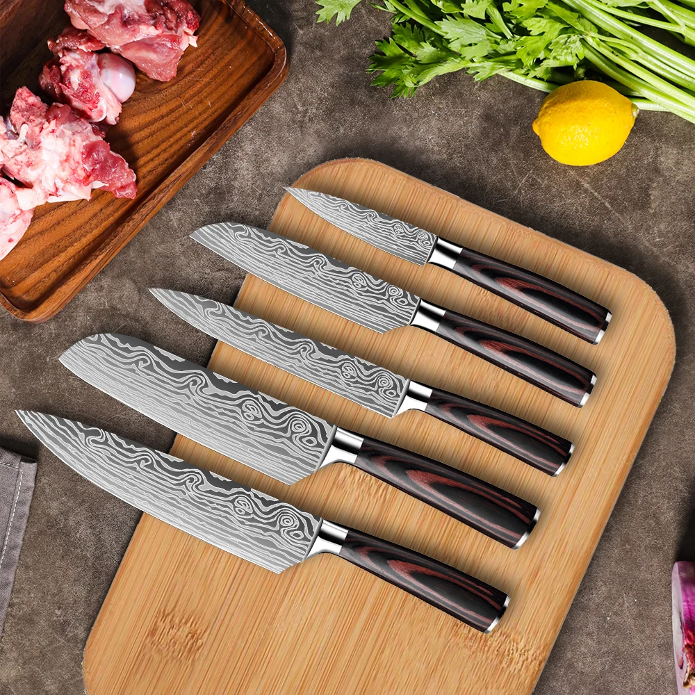 ZENG Küchenmesser-Set mit Lasermuster, Kochmesser, ultrascharfes Santoku-Schneidemesser, ergonomischer Holzgriff in Farbe, Kochmesser – Detail 1