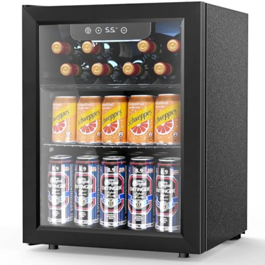 

Mini fridge cooler for home office bar use, stainless steel finish, black color, 16-bottle/68-can capacity with glass door, tou