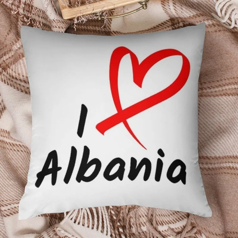 I Love Albania Pillow Case, Red Heart Country Name Cushion Cover, Travel Souvenir Home Decor for Sofa Bedroom Living Room Gift