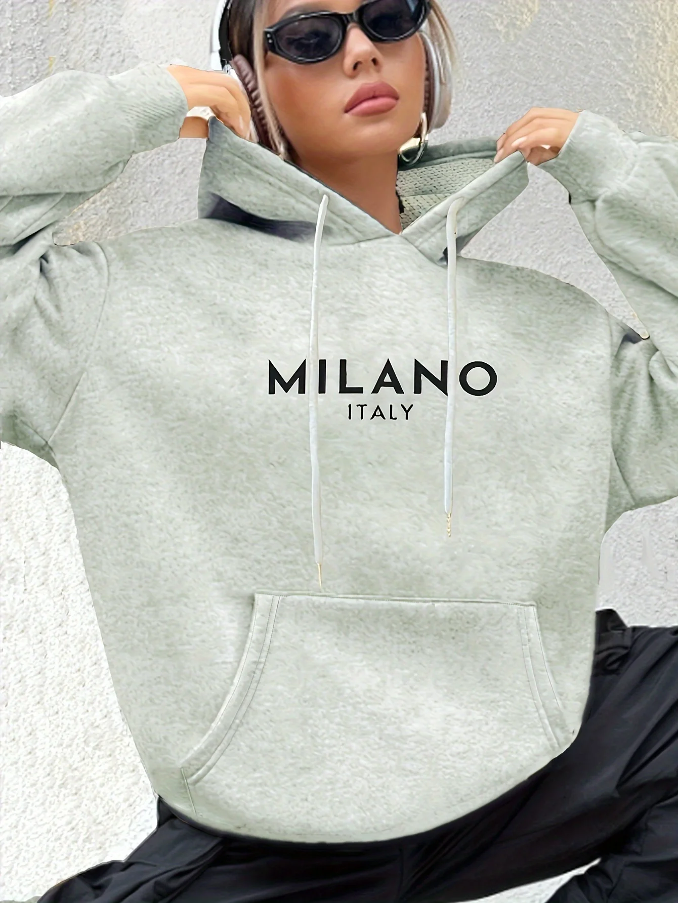 Milano Print Kangaroo Pocket Hoodie, Casual Long Sleeve Drawstring Hoodies Sweatshirt, Women\'s Clothing