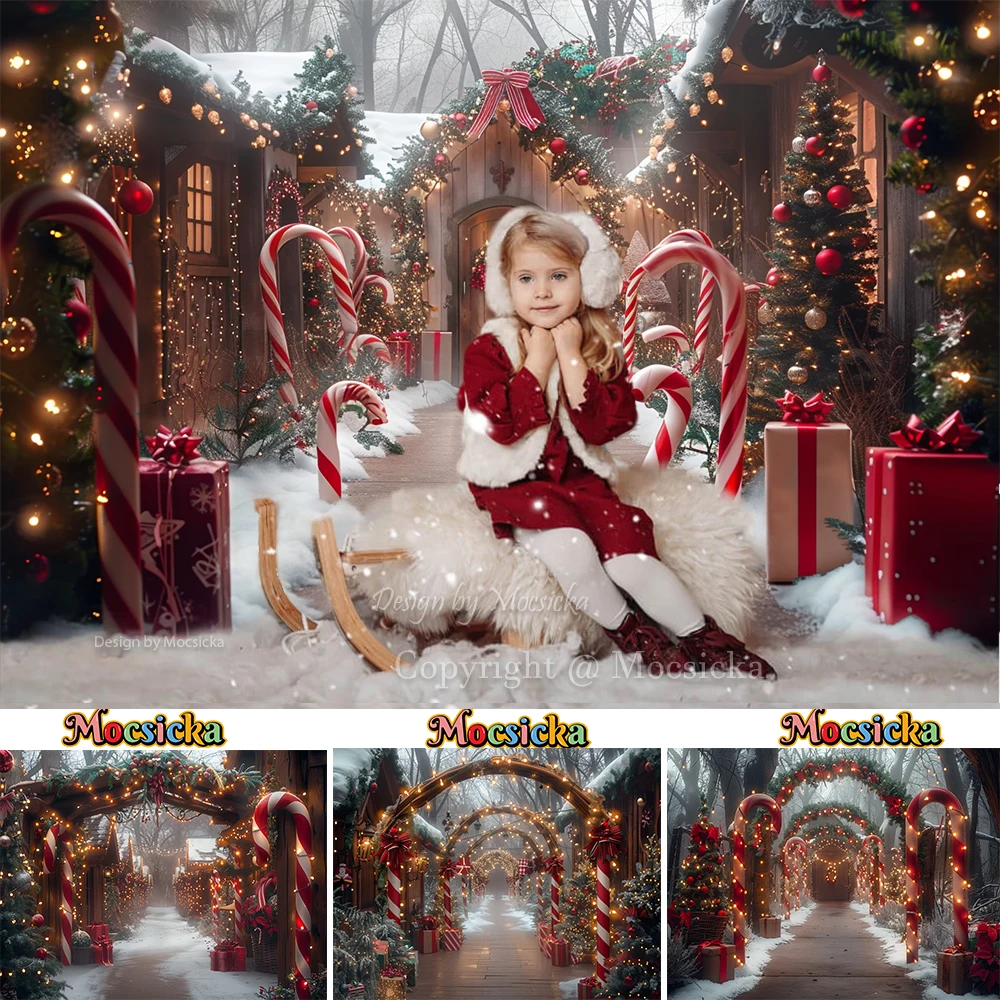 

Mocsicka Christmas Photography Background Candy Cane Fairy Town Xmas Tree Light Backdrop Kid Photo Winter Snowy Photozone Studio