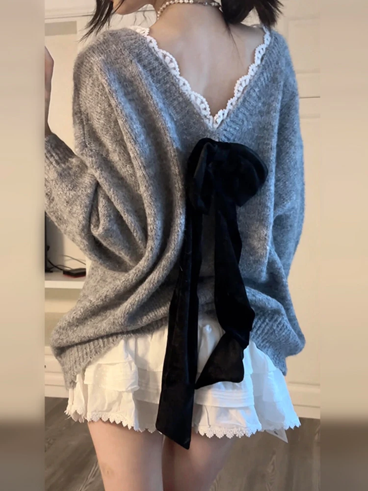 

Женский свитер с V-образным вырезом и узлом, осенне-зимний, свободный, вязаный топ, повседневный, стильный, комфортный