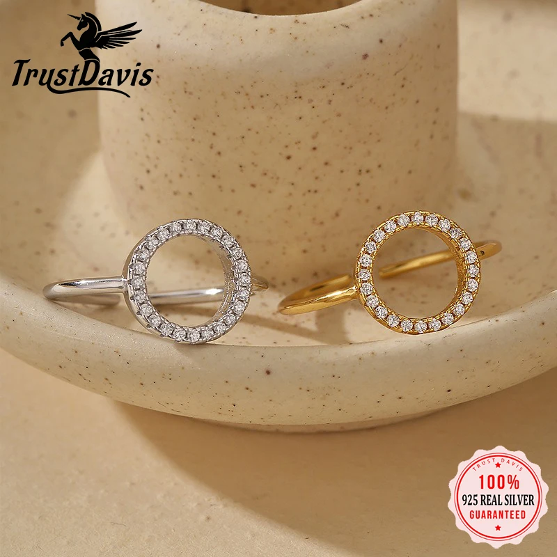 Trustdavis Real 925 Silver Fashion Simple Hollow Round Zircon Open Adjustable Ring for Women Daily Wear Jewelry Gift DS4456