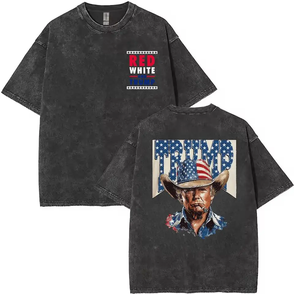 

Distressed Wash T - Shirt Featuring Trump - Themed Design With American Elements, Short Sleeve