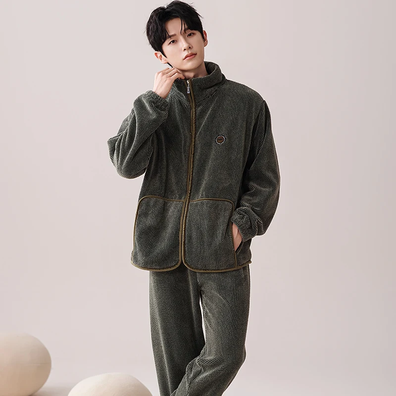 Thick Flannel Zipper Cardigan Men's Pajamas Set Autumn Winter Plus Velvet Long Sleeves Sleepwear Nightgown Warm Lounge Wear