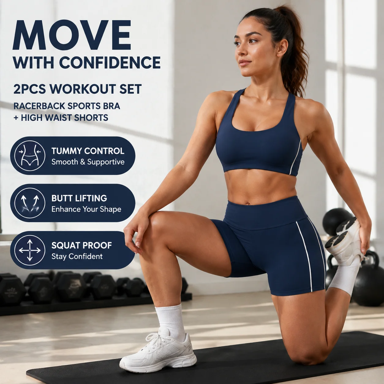 Women 2PCS Workout Set Racerback Sports Bra High Waist Shorts Contrast Piping Butt Lifting Squat Proof Tummy Control Suit