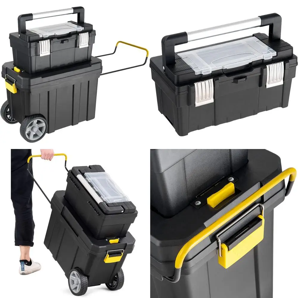 

Portable Stackable Mechanic Tool Organizer with Wheels and Pull Handle, IRONMAX 2 in 1 Plastic Toolbox for Repair and Organizati