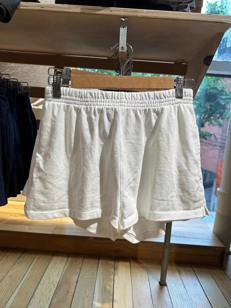 กางเกงสเวตเตอร์ขาสั้นตรงเอวสูงสำหรับผู้หญิงผ้าคอตตอนยืดทรงหลวมสไตล์สตรีทแวร์สีล้วนแบบลำลองสำหรับ Y2k