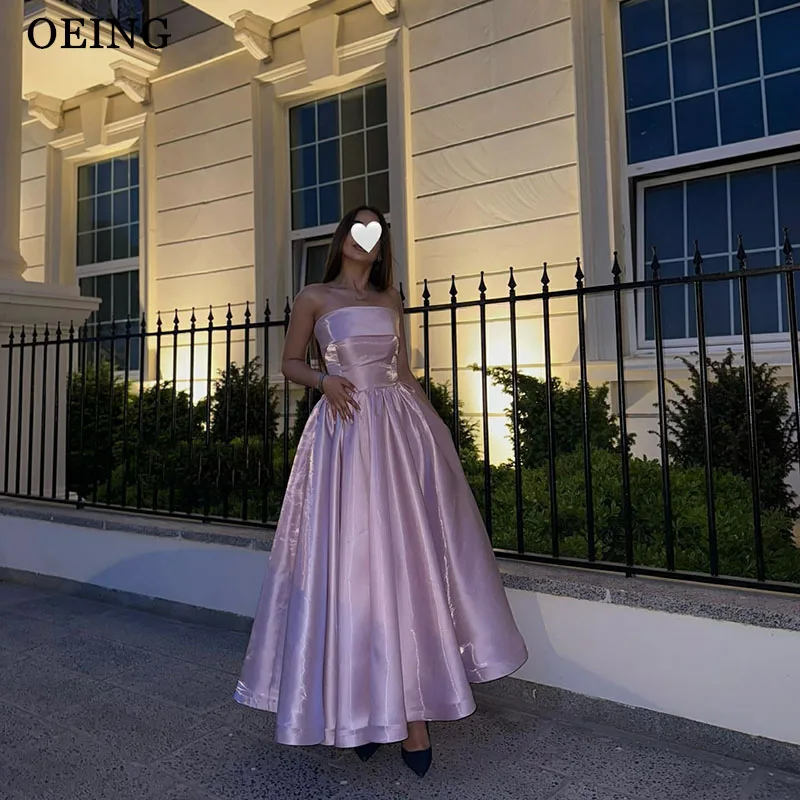 

OEING Elegant A-Line Prom Dresses Pink Strapless Sleeveless Satin Draped Party Gowns Ankle Length Evening Dress Customized