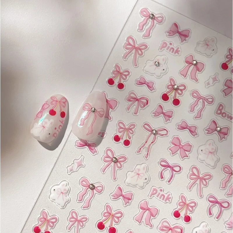 1Pcs 5D Kawaii Ribbon Rabbit Nail Stickers Embossed Bow Self Adhesive Nail Art Stickers Exquisite Series Diamond Nail Decals DIY