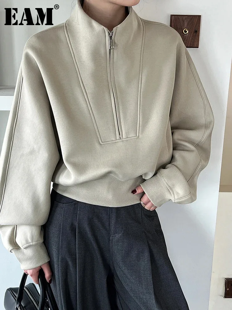 

[EAM] Gray Green Shaped Elegant Sweatshirt New Stand Collar Long Sleeve Women Big Size Fashion Tide Spring Autumn 2023 1DH6660