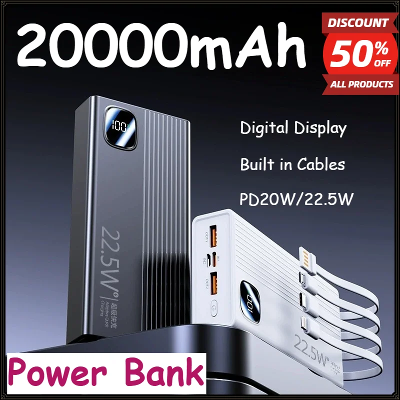 20000mAh Power Bank Large Capacity Portable 22.5W Fast Charging Digital Display Powerbank External Battery Charger 2027NEW