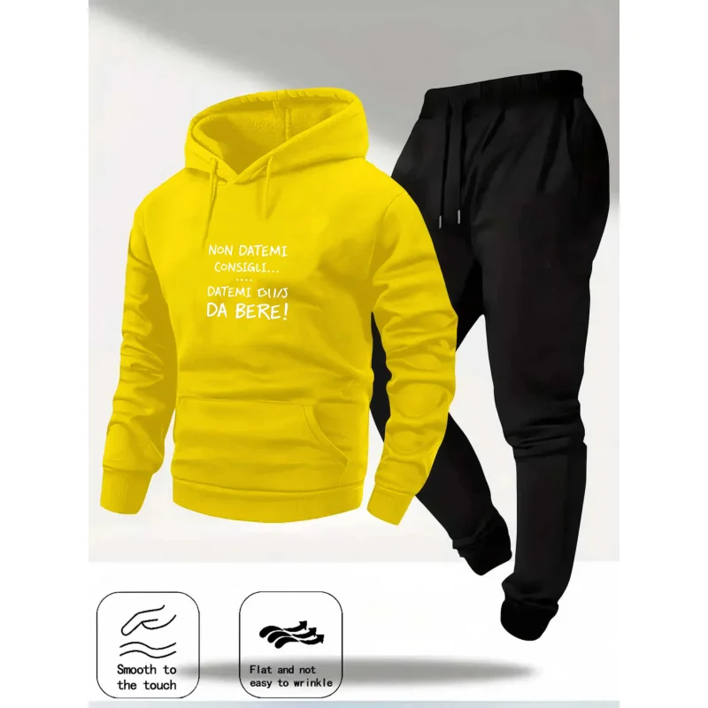 طقم هوديي أصفر مطبوع Prima Il Caffe Poi Facio Cose تصميم نص لباس غير رسمي لمحبي القهوة سويت شيرت وسراويل مريحة #3