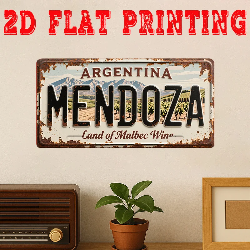 2D Flat Printing, 1pc, Vintage Metal Tin Sign, Decorative Sign And Plaque (29.97 X 14.99 cm), Mendoza City Sign, Vineyard Ret