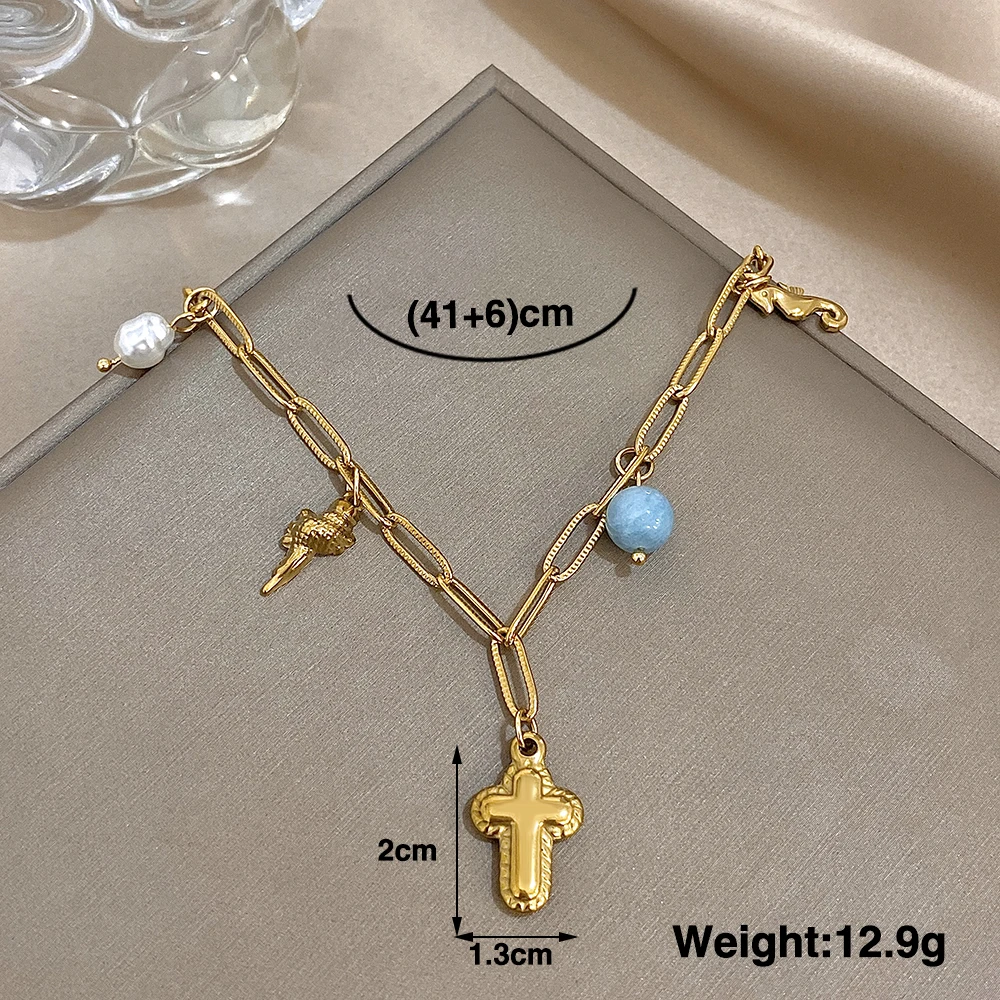 DODOHAO Seahorse Cross Pendant Necklaces For Women Ocean Style Pearl Pendant Necklaces Link Chain Stainess Steel Fashion Jewlery