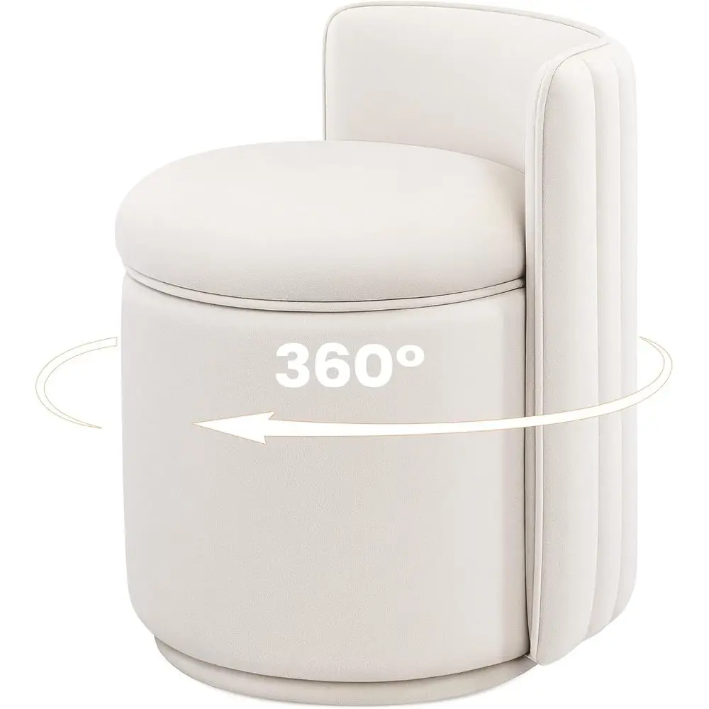 

360° Swivel Velvet Makeup Stool with Storage, Wave Backrest, White for Bedroom, Dining, Living Rooms
