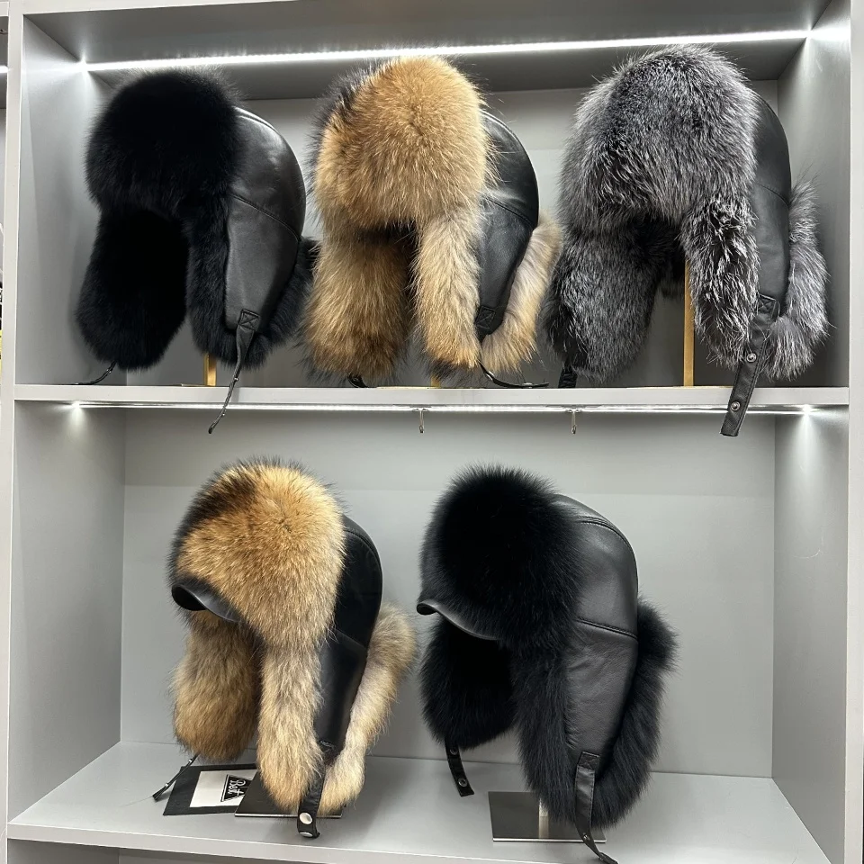 New 100% Genuine Fox Fur Ear-Protecting Hat Men Real Raccoon Fur Hat Women Winter Warm Fur Real Sheep Leather Snow Hat