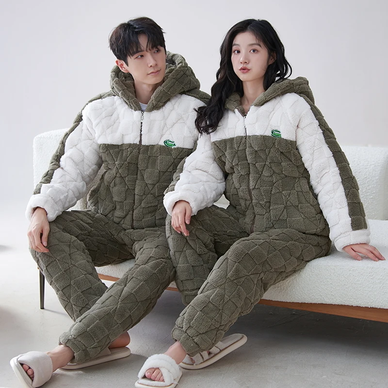 High Quality Couple Hooded Pajamas Set Women Men Casual Thick 3 Layers Pijama Winter knited Cotton Quilted Pyjamas