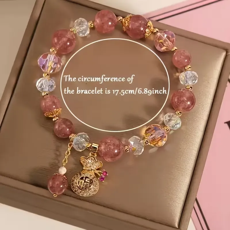 Boho Vintage Strawberry Quartz Bracelet Lucky Money Bag Pendant Jewelry for Women Party Daily Wear