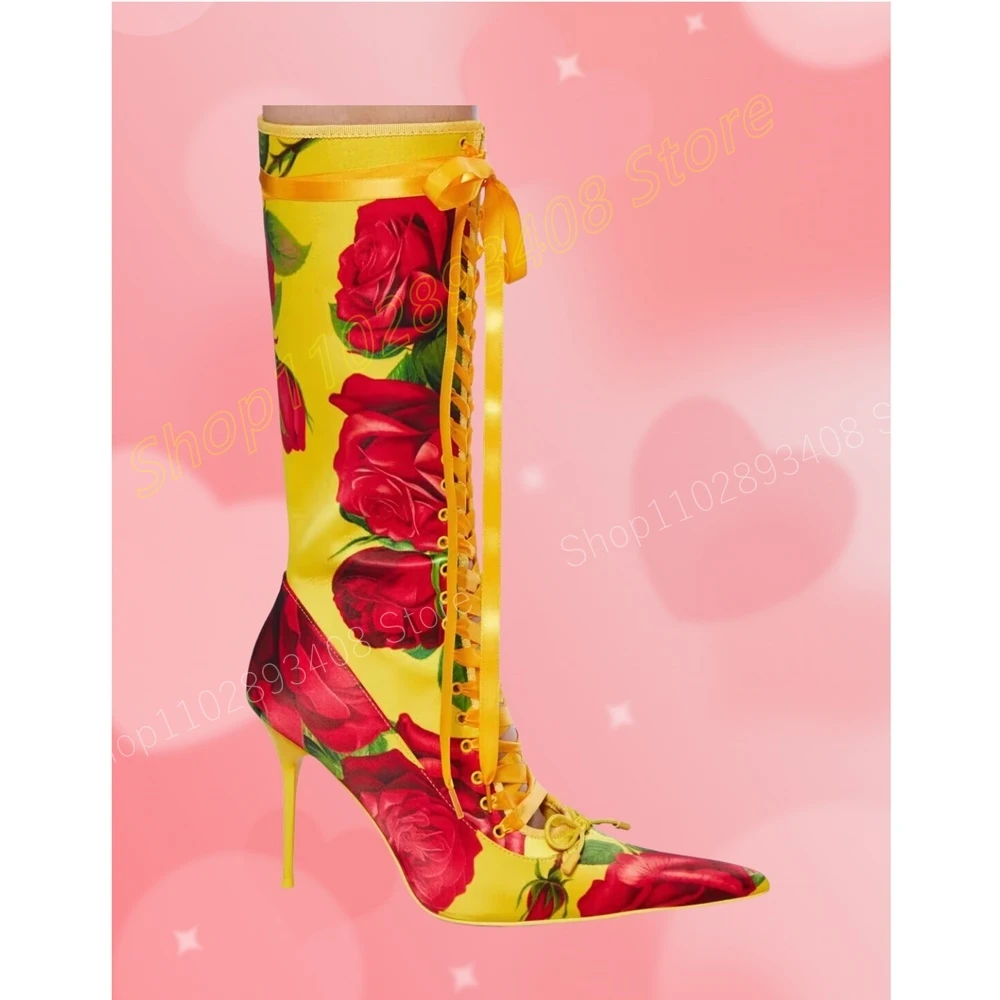 Yellow Rose Flowers Print Mid Calf Boots Butterfly Knot Pointed Toe Front Lace-up Fashion Sexy Women Shoes 2024 New Para Mujere