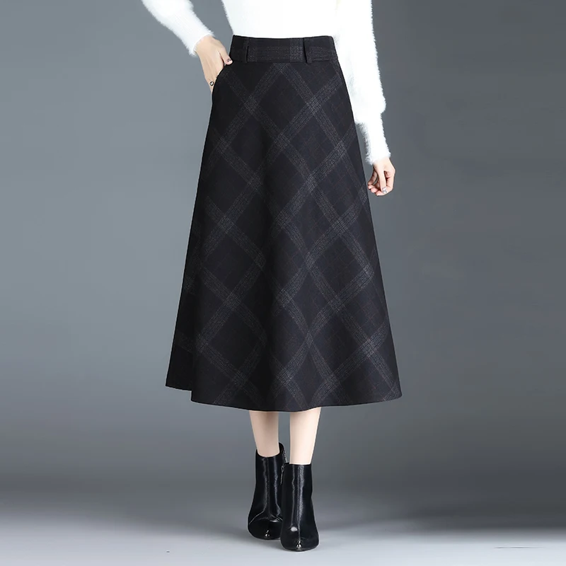 

Womens 2024 Autumn/Winter Plaid Pleated Skirt Fashion High Waist Ladies S M L XL XXL 3XL Size Female Mid-Calf Skirt