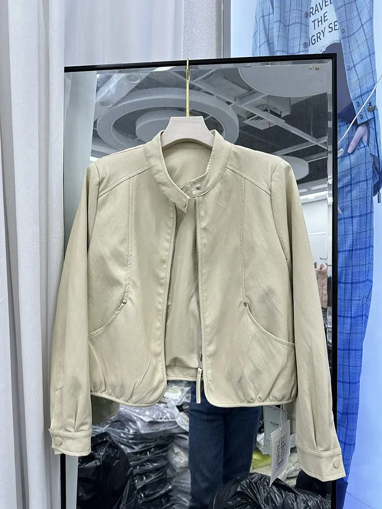 Fashionable Short Protein Leather Jacket Women's Stand Collar Spring 2026 Casual Style Bright Surface All-Match Small Size