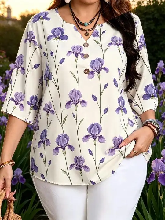 Plus Size Women 3/4 Sleeve V‑Neck Blouse Delicate Stem Vine Floral Bell Flower Iris Autumn Print Button Tops