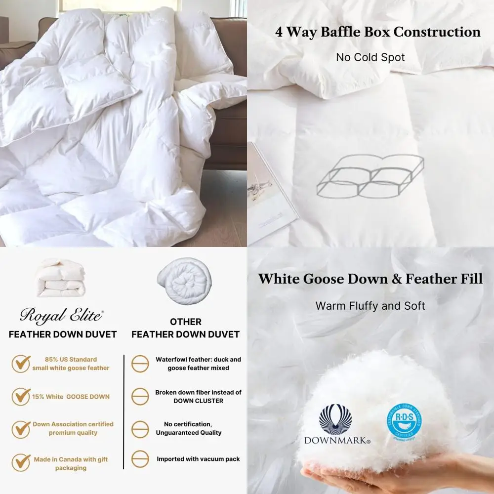 

Canadian-Made Queen Size Goose Feather Down Comforter - Luxurious White Duvet Insert for a 5-Star Hotel Experience