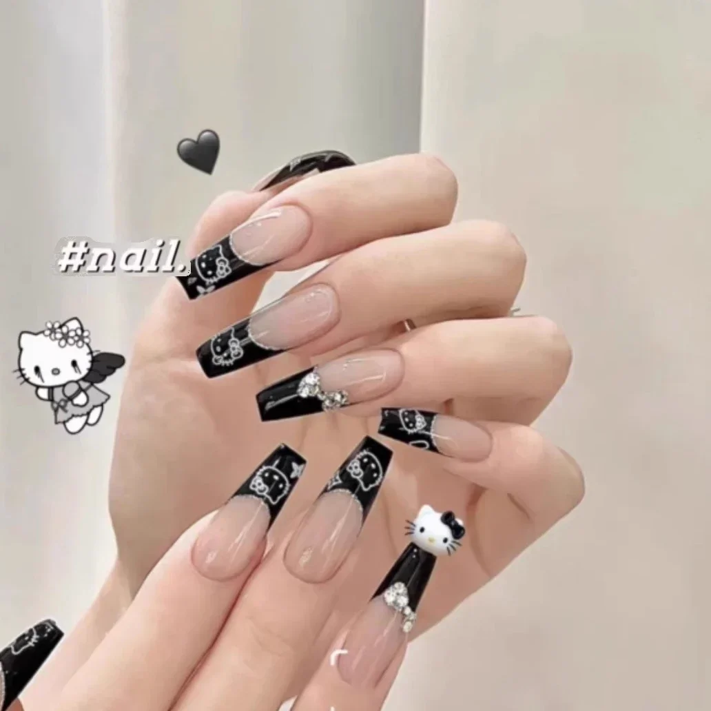 10PCS Black Hello Kitty Nail Patch 3D Handmade Cartoon Trendy Cute Detachable Finished False Nails Patch Press on Nail Tips Gift