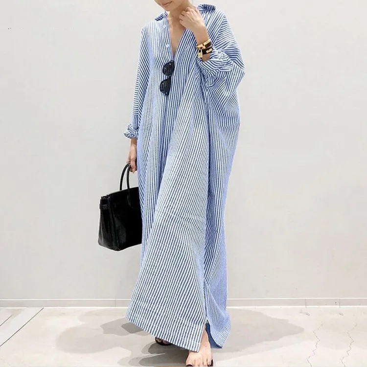 

Fashion Long Sleeve Shirt Striped Dress Chic Turndown Neck Ruched Maxi Dress Women Clothes Streetwear