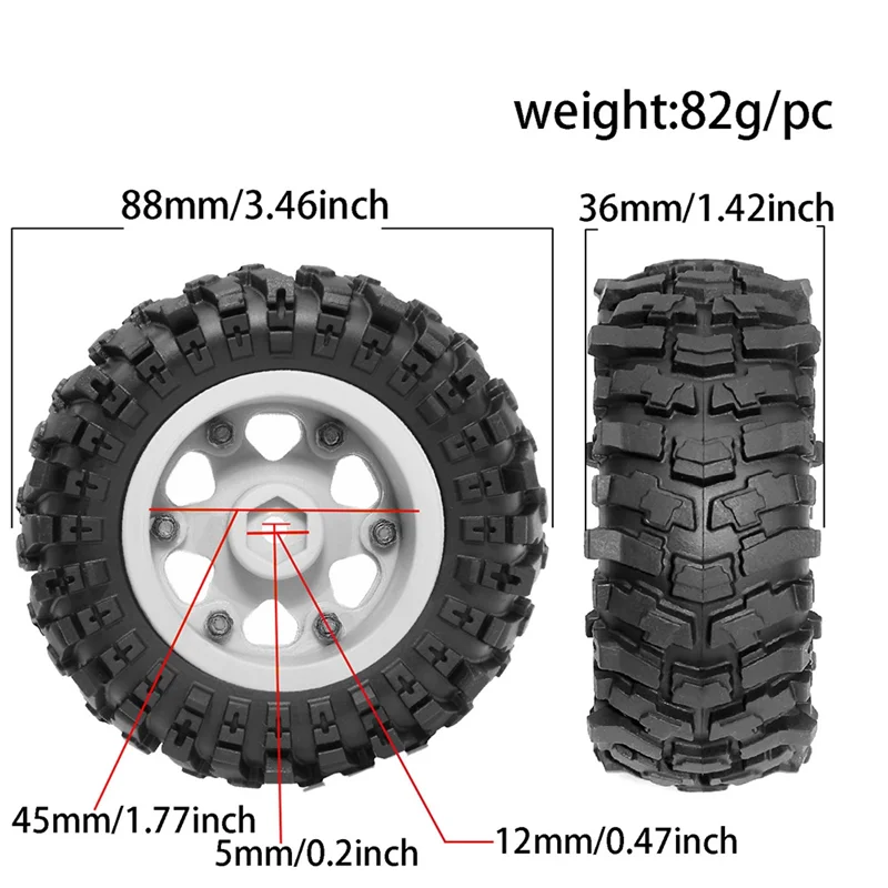 SR-4Pcs 88mm 1.9인치 비드락 휠 림 및 소프트 고무 타이어 세트 (1/10 RC 크롤러 자동차 Axial SCX10 Pro Capra Traxxas TRX4 용)