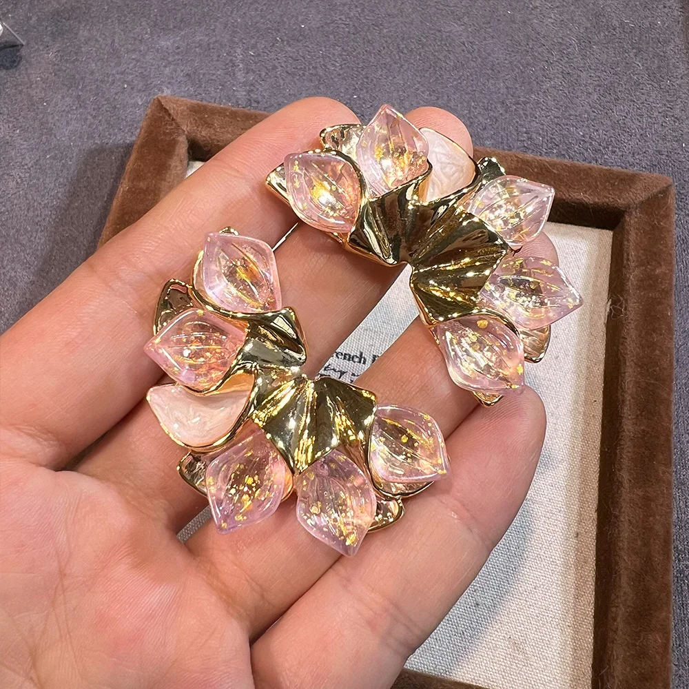 Women's Glazed Pink Petal Prime Earrings Big Flowers Lotus Leaf Ear Accessories Ladies Jewelry Vintage Exquisite Banquet Gifts