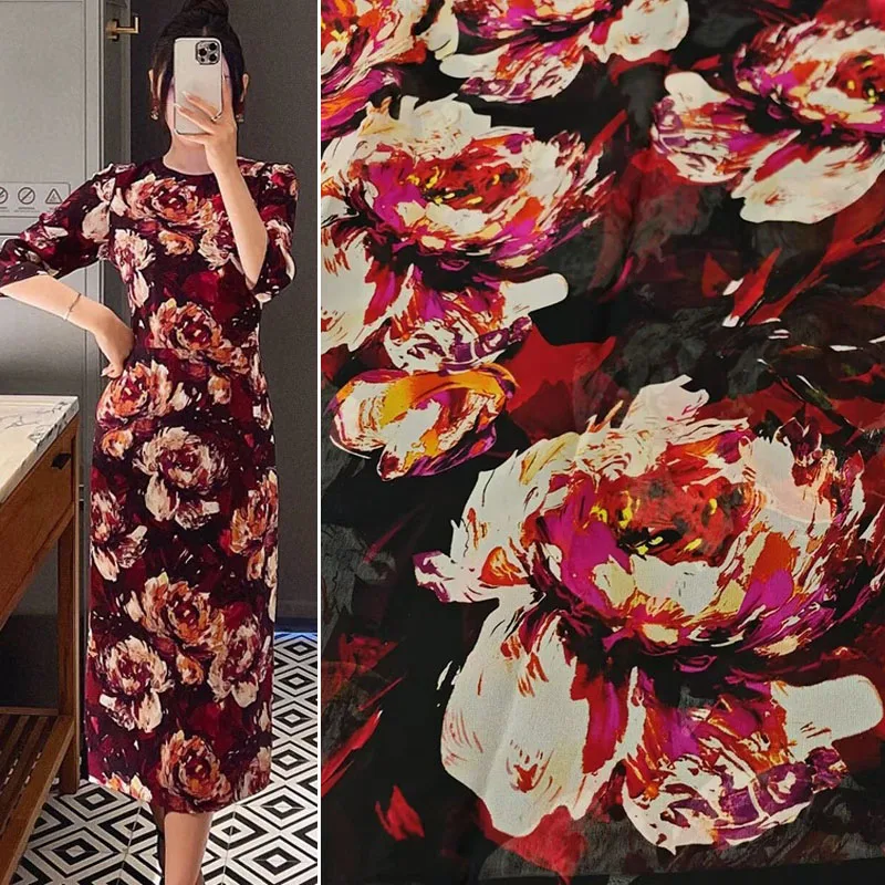 

Oil Painting Peony Flower Pattern Printed Imitate Silk Satin Or Thin Chiffon For Women Summer Dress Blouse DIY Sewing Material