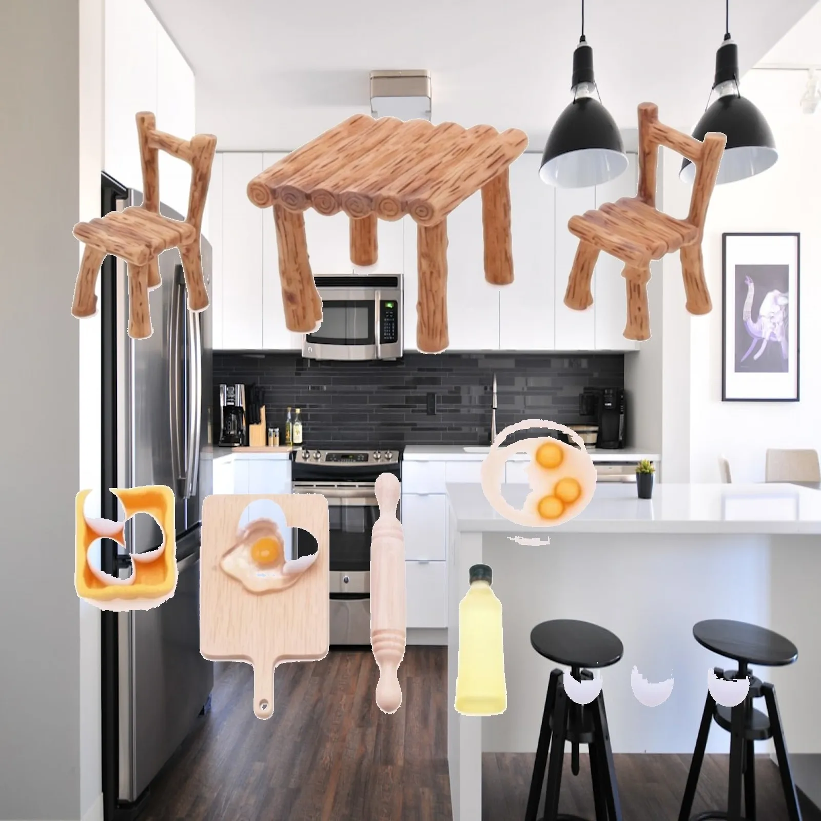Miniature Dining Set Compact Dollhouse Kitchen and Dining Accessory Collection Miniature Resin Kitchen Set with Table and Chairs