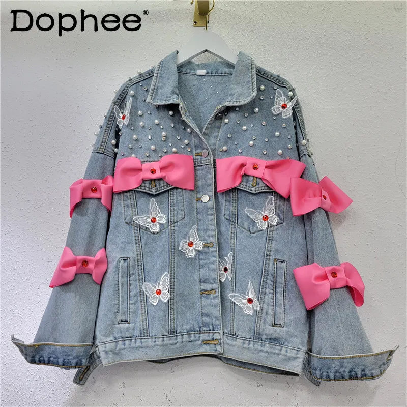 

Heavy Industry Beads Pink Bow Long Sleeve Denim Coat Female 2024 Spring Autumn Loose Fashion Jacket Denim Top Jackets for Women