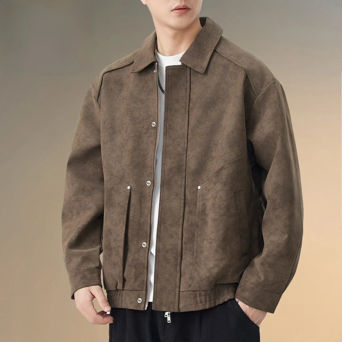 

Pierre Cardin American Retro Lapel Jaet Men's Faion Spring Autumn High-End Cool Motorcycle Outerwear Top Polyester