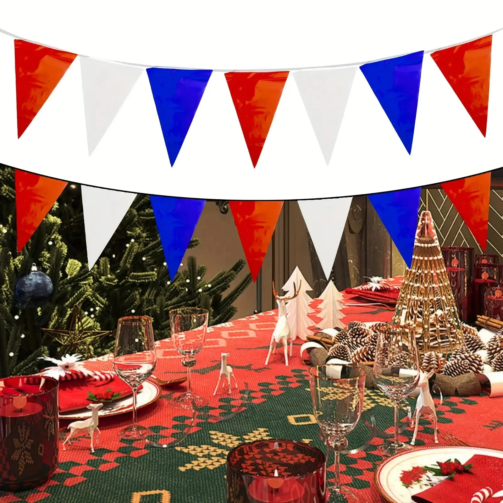 10m Rot-Weiß-Blaue Wimpelkette Patriotische Partybanner 20x30cm Dreieckige Wimpelgirlande aus PE-Kunststoff für USA 4. Juli Geburtstag – Detail 5