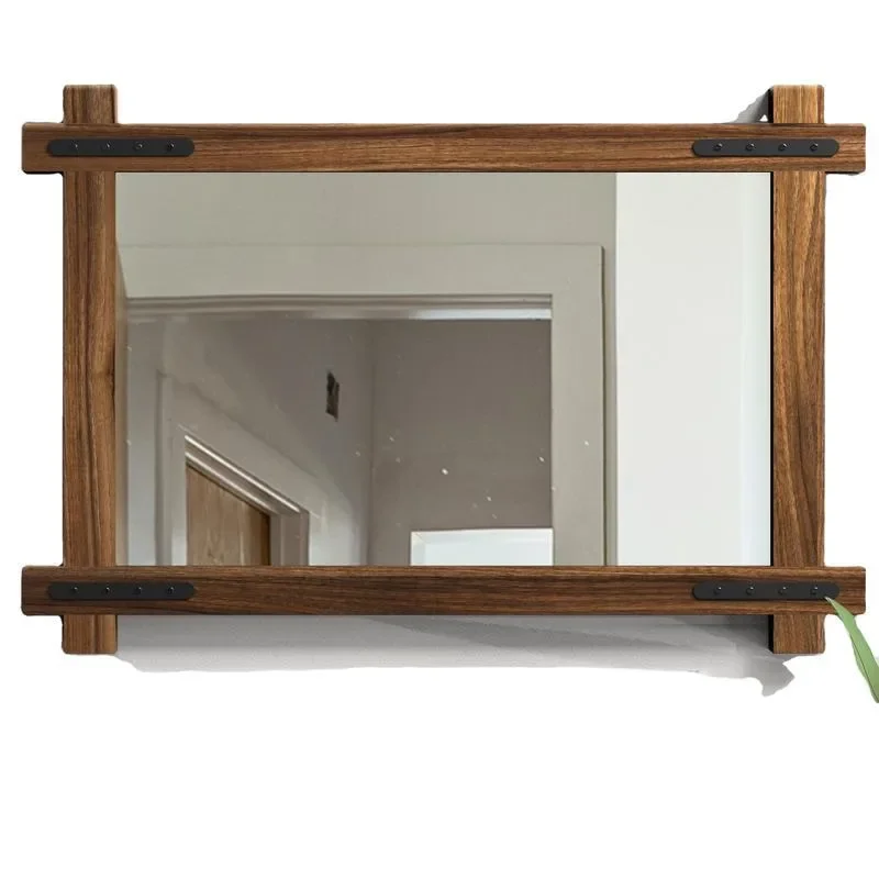 for Wooden Country Style Rectangular Bathroom Mirror Hotel Homestay Dresser Charcoal Burning Craft Full Length Mirror