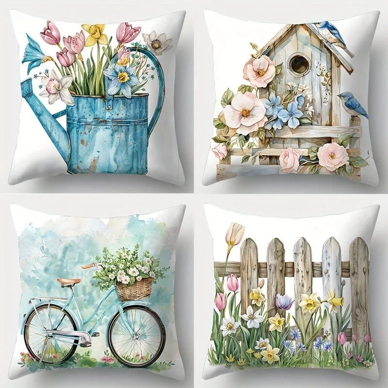 Floral Watering Can Birdhouse Bicycle Fence Pillows Polyester pillowcase, sofa decorative cushion cov Headboard Pillow