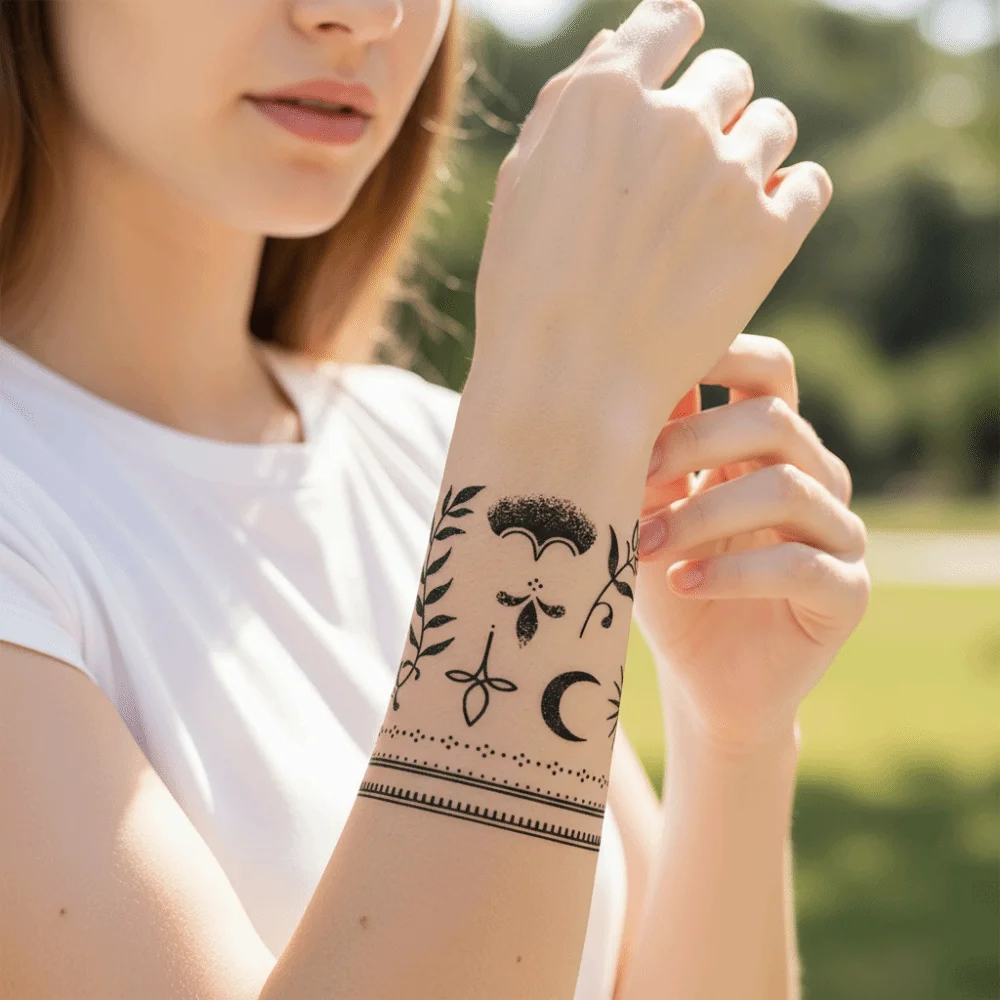 2 STUKS Waterdichte Semi-permanente Stickers Wegwerp Zon Maan Totems Tijdelijke Tattoos Sticker Langdurige Takken Bladeren