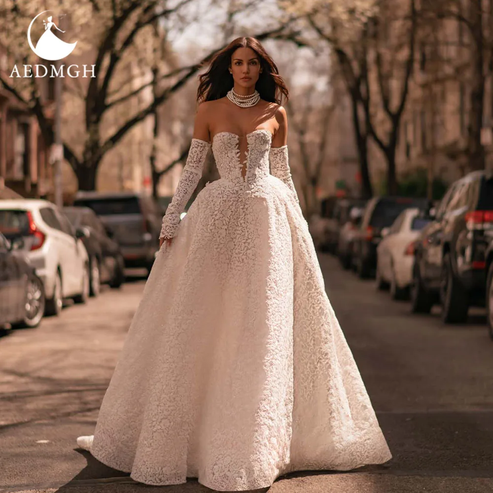 Aedmgh A-Line Delicate Wedding Dresses For Women Strapless Vestido De Novia Lace Sequined Embroidery Custom Made Bridal Gowns