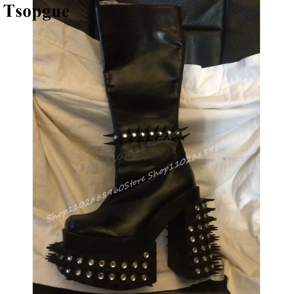 Botas hasta la rodilla con remaches negros y plataforma de cristal, Zapatos de tacón alto grueso Para Mujer, Zapatos con cremallera lateral y punta redonda, Zapatos de moda Para Mujer 2025