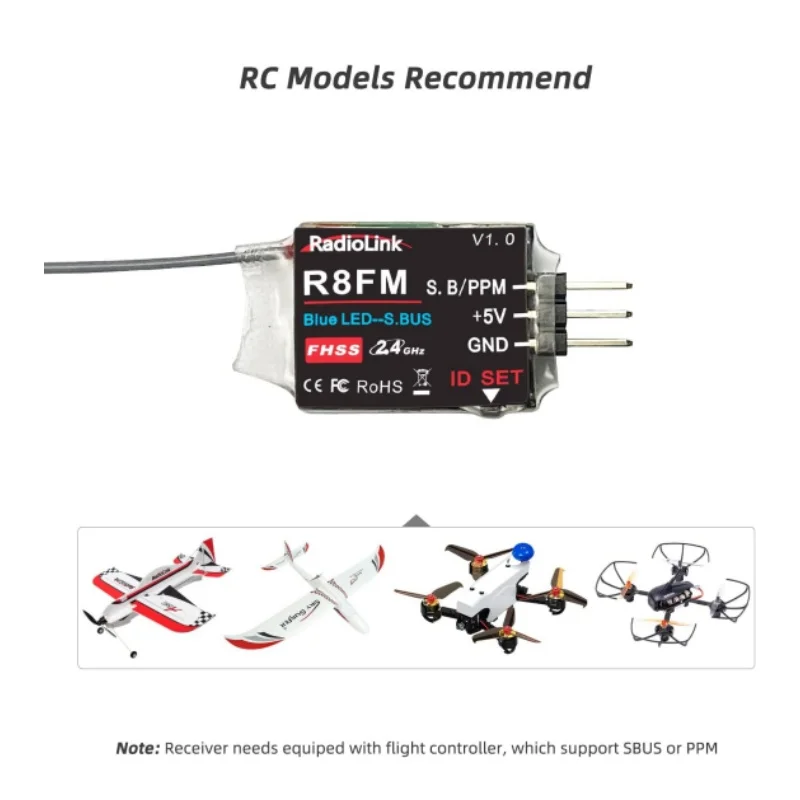 Radiolink R8FM Mini 2.4G 8CH SBus/PPM Receiver FHSS Anti-Interference Low Latency for T8S/T8FB Transmitter FPV Racing Drone