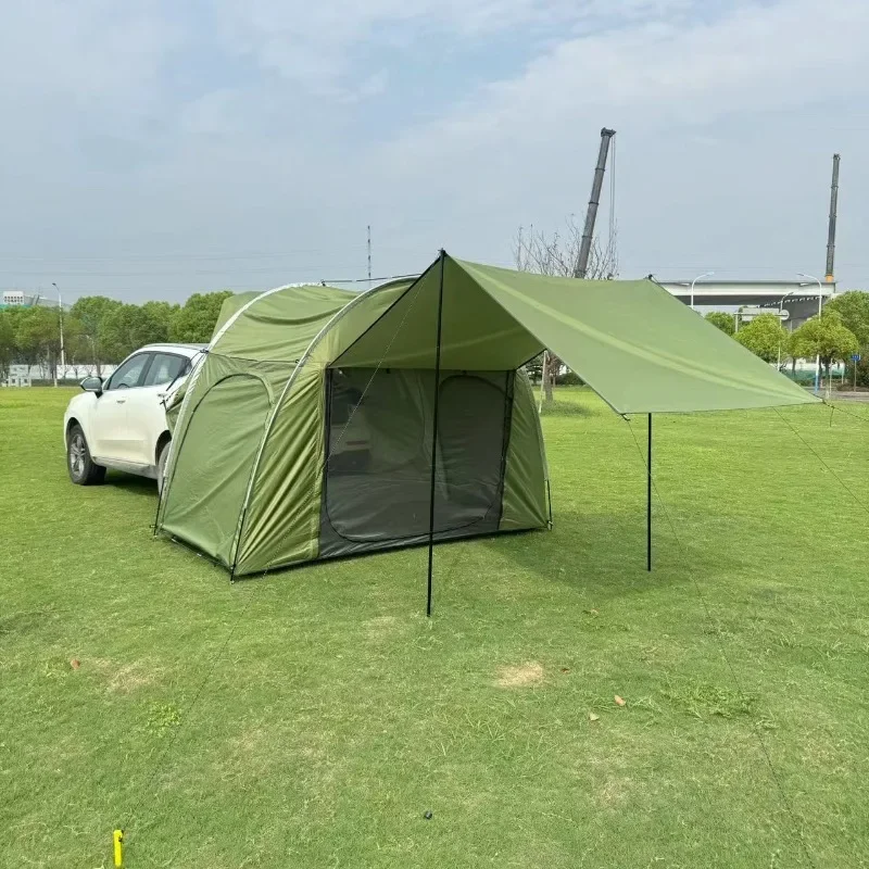 Upgrade with mesh to extend the canopy, integrated tent behind the car